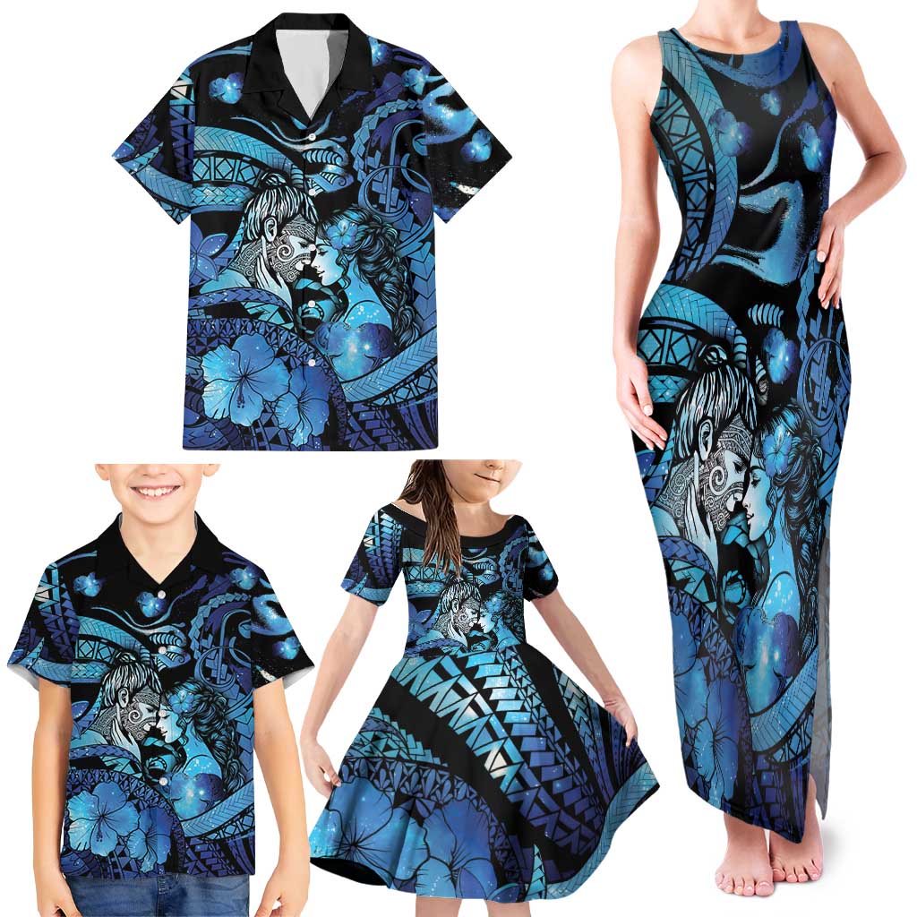 Personalised Maori Romantic Valentine Family Matching Tank Maxi Dress and Hawaiian Shirt The Hongi Kiss Blue Galaxy