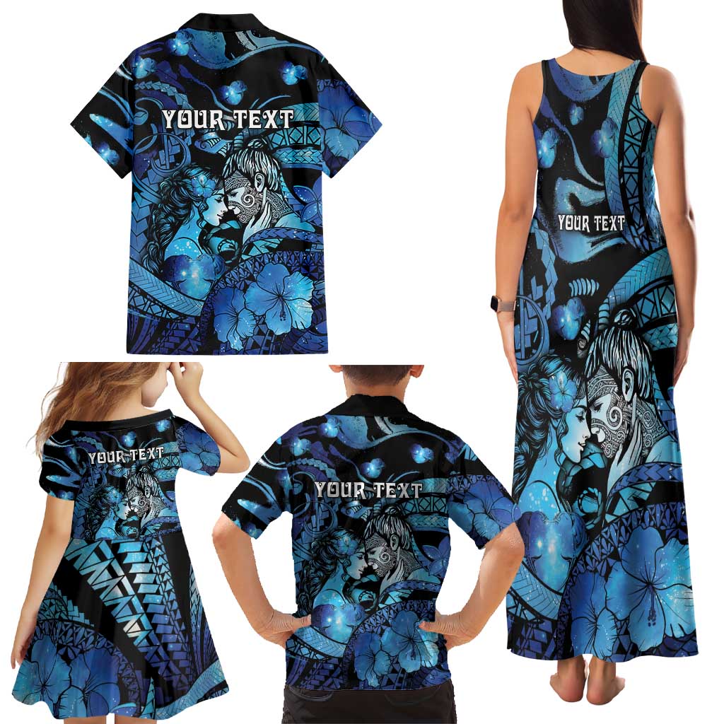Personalised Maori Romantic Valentine Family Matching Tank Maxi Dress and Hawaiian Shirt The Hongi Kiss Blue Galaxy