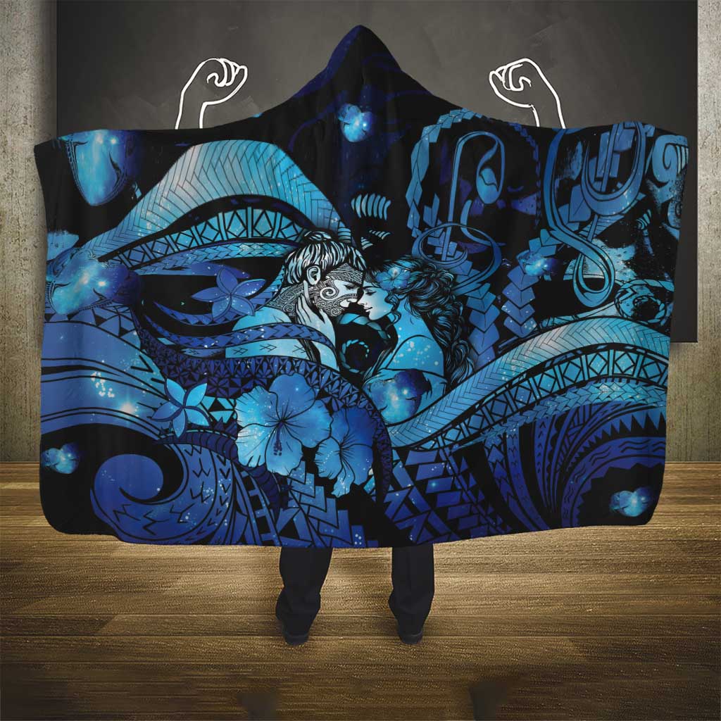 Maori Romantic Valentine Hooded Blanket The Hongi Kiss Blue Galaxy