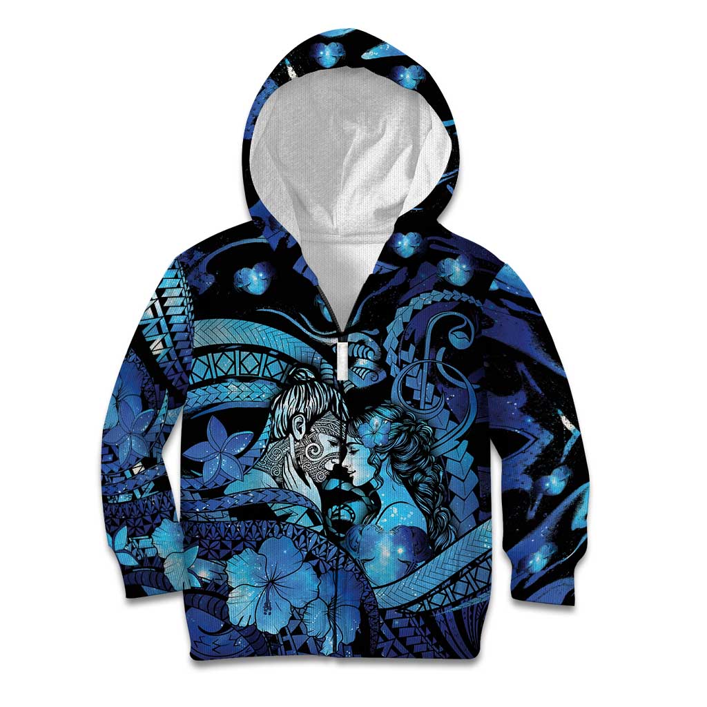 Personalised Maori Romantic Valentine Kid Hoodie The Hongi Kiss Blue Galaxy DT05 Zip Hoodie Blue - Polynesian Pride