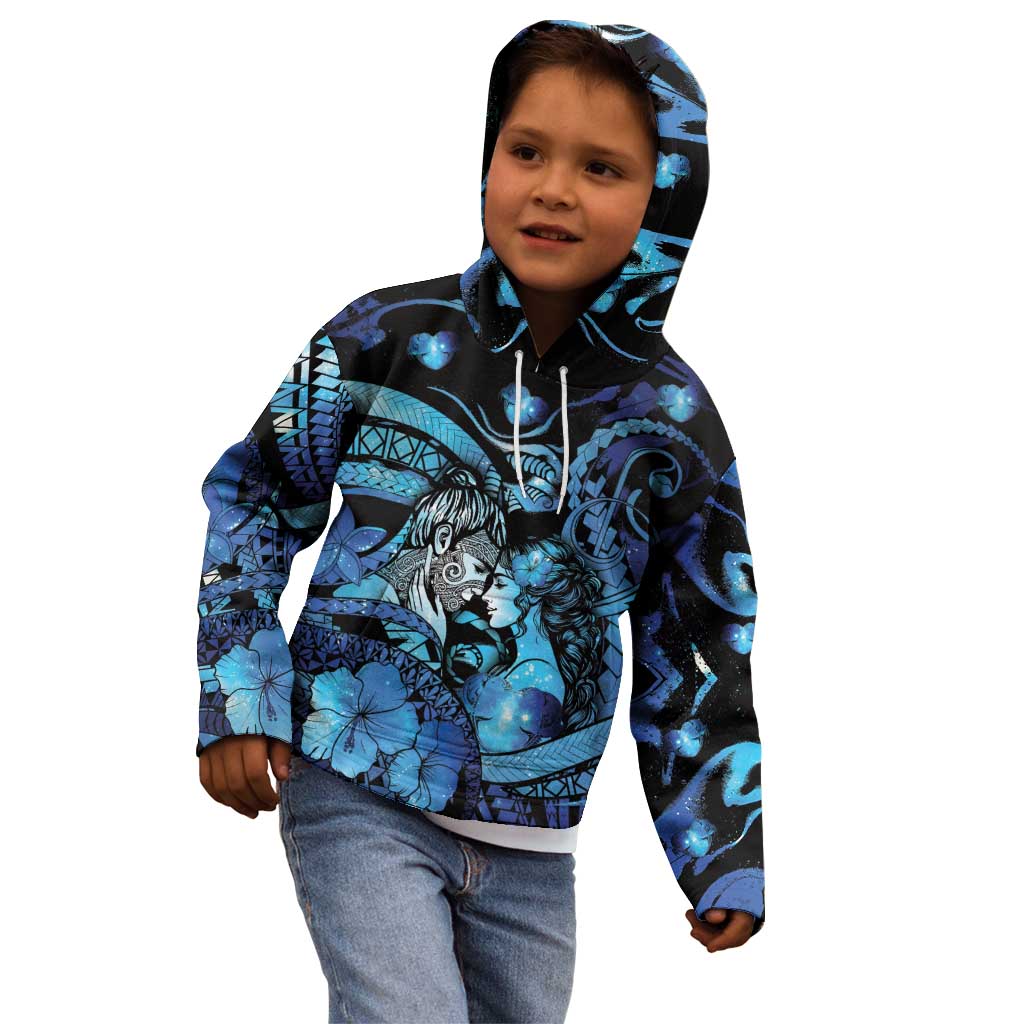 Personalised Maori Romantic Valentine Kid Hoodie The Hongi Kiss Blue Galaxy DT05 - Polynesian Pride