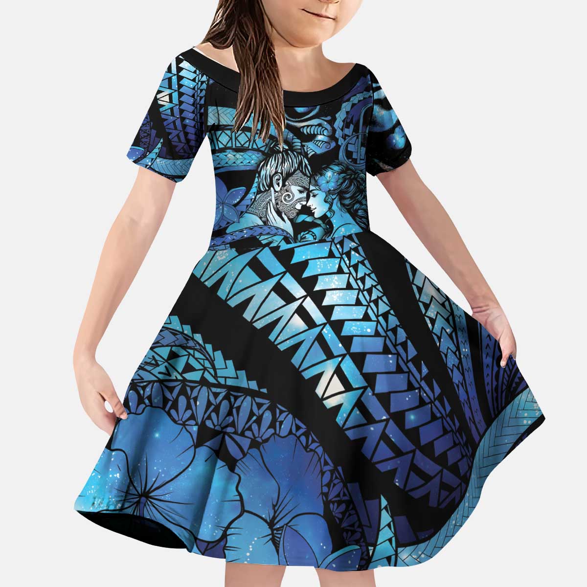 Personalised Maori Romantic Valentine Kid Short Sleeve Dress The Hongi Kiss Blue Galaxy