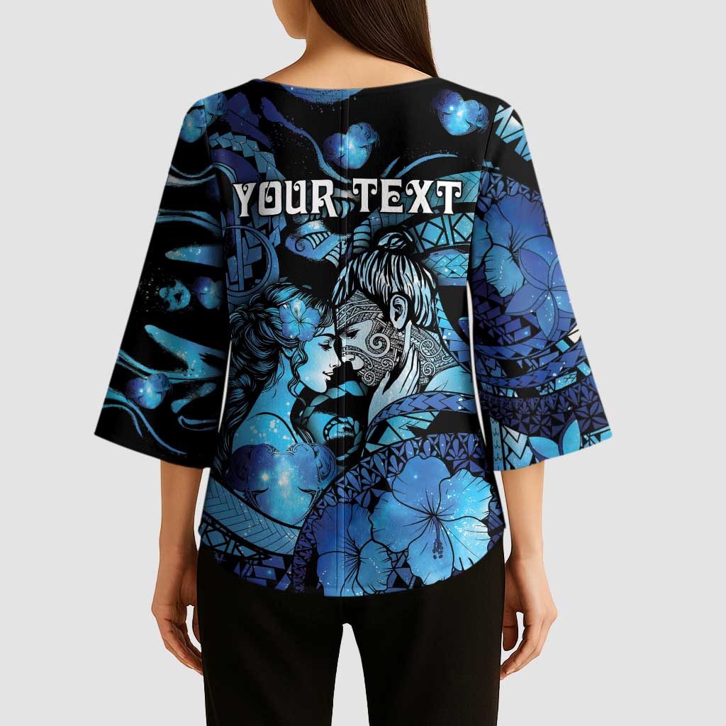 Personalised Maori Romantic Valentine Kimono Sleeve Blouse The Hongi Kiss Blue Galaxy