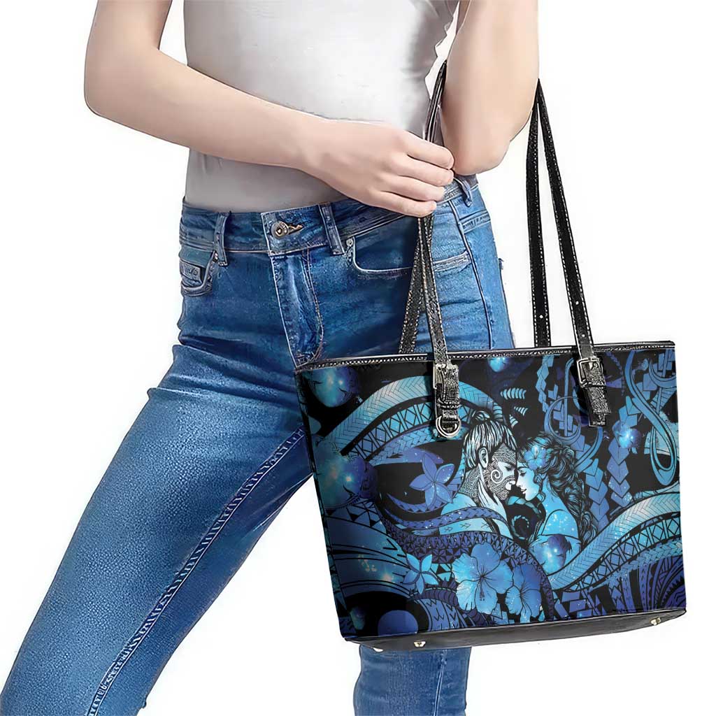 Maori Romantic Valentine Leather Tote Bag The Hongi Kiss Blue Galaxy