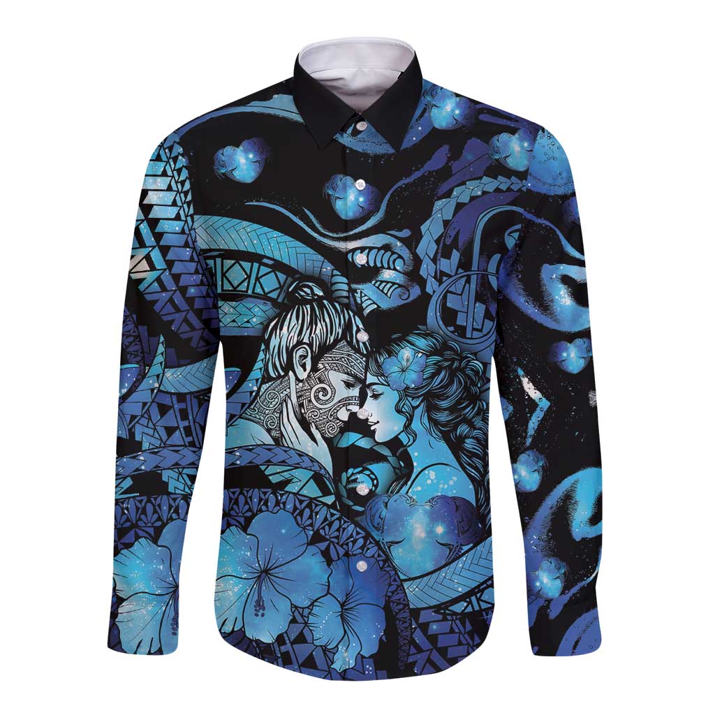 Personalised Maori Romantic Valentine Long Sleeve Button Shirt The Hongi Kiss Blue Galaxy