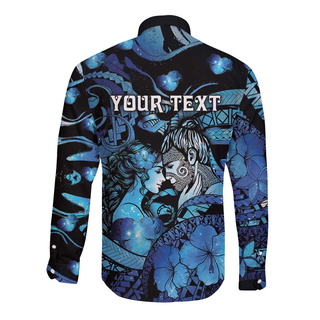 Personalised Maori Romantic Valentine Long Sleeve Button Shirt The Hongi Kiss Blue Galaxy