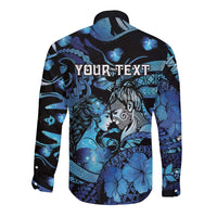 Personalised Maori Romantic Valentine Long Sleeve Button Shirt The Hongi Kiss Blue Galaxy
