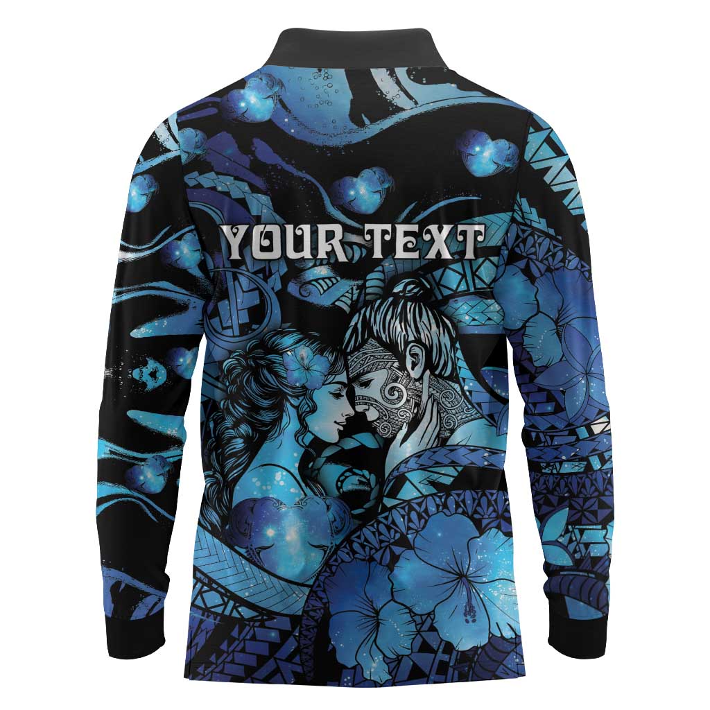 Personalised Maori Romantic Valentine Long Sleeve Polo Shirt The Hongi Kiss Blue Galaxy