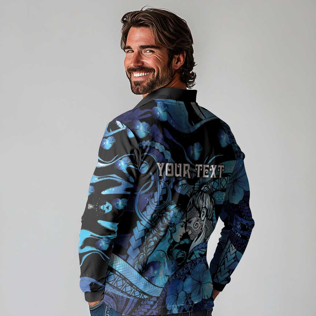 Personalised Maori Romantic Valentine Long Sleeve Polo Shirt The Hongi Kiss Blue Galaxy