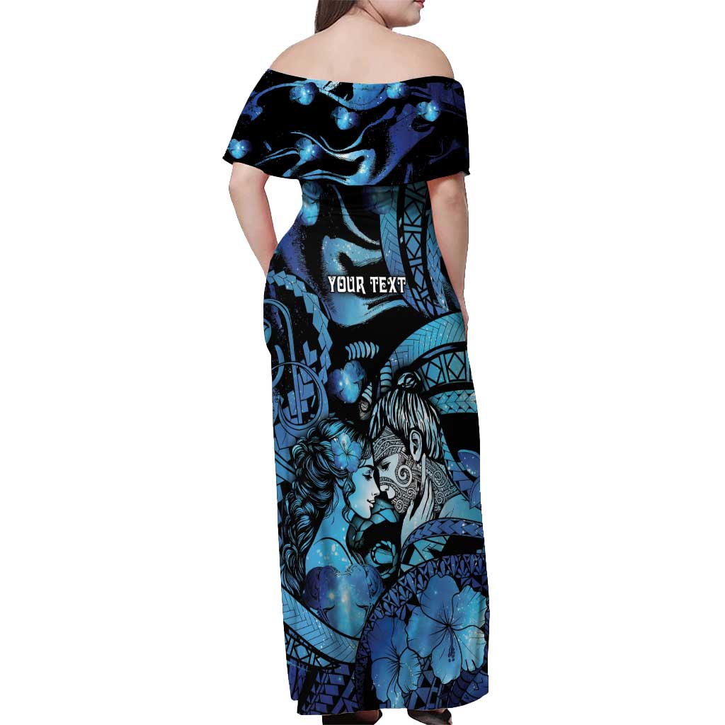 Personalised Maori Romantic Valentine Off Shoulder Maxi Dress The Hongi Kiss Blue Galaxy DT05 - Polynesian Pride