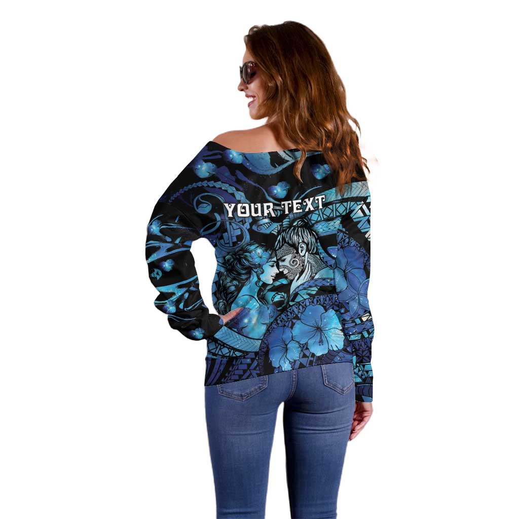Personalised Maori Romantic Valentine Off Shoulder Sweater The Hongi Kiss Blue Galaxy