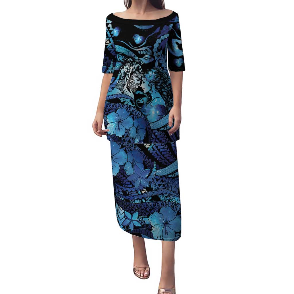 Personalised Maori Romantic Valentine Puletasi The Hongi Kiss Blue Galaxy