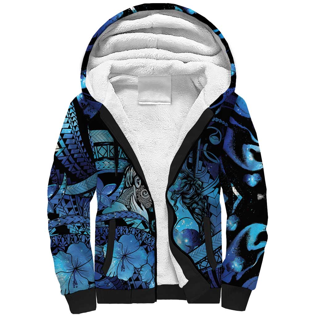 Personalised Maori Romantic Valentine Sherpa Hoodie The Hongi Kiss Blue Galaxy