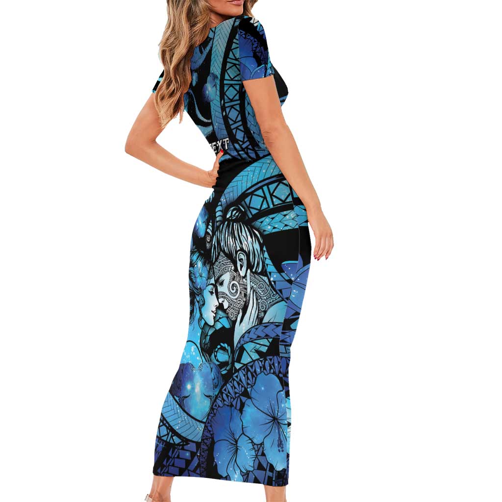 Personalised Maori Romantic Valentine Short Sleeve Bodycon Dress The Hongi Kiss Blue Galaxy DT05 - Polynesian Pride