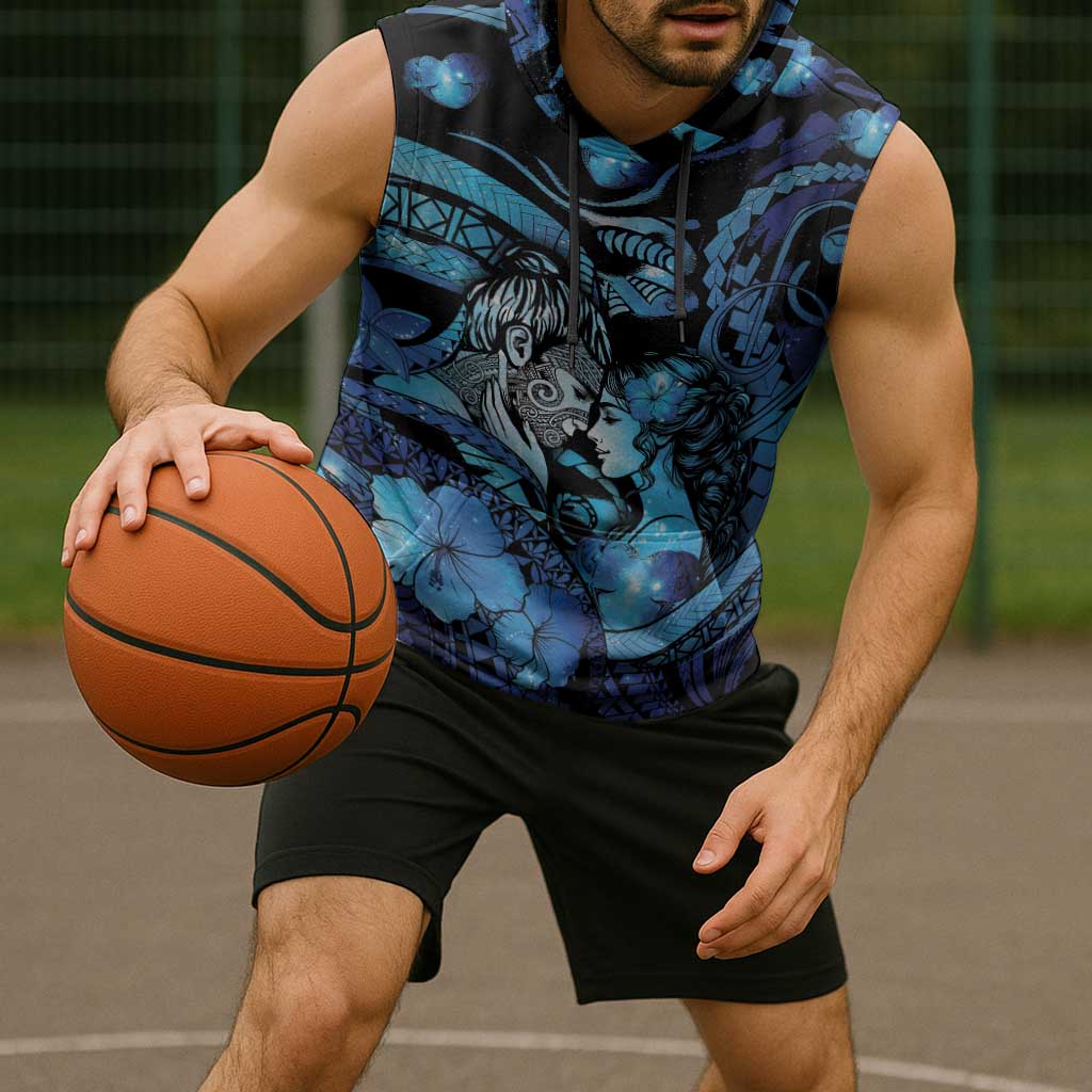 Personalised Maori Romantic Valentine Sleeveless Hoodie The Hongi Kiss Blue Galaxy DT05 - Polynesian Pride
