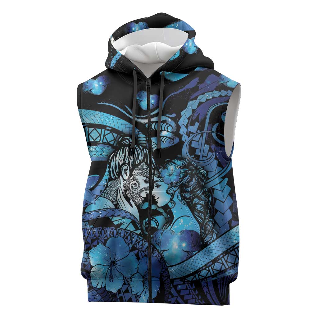 Personalised Maori Romantic Valentine Sleeveless Zip Hoodie The Hongi Kiss Blue Galaxy DT05 Blue - Polynesian Pride