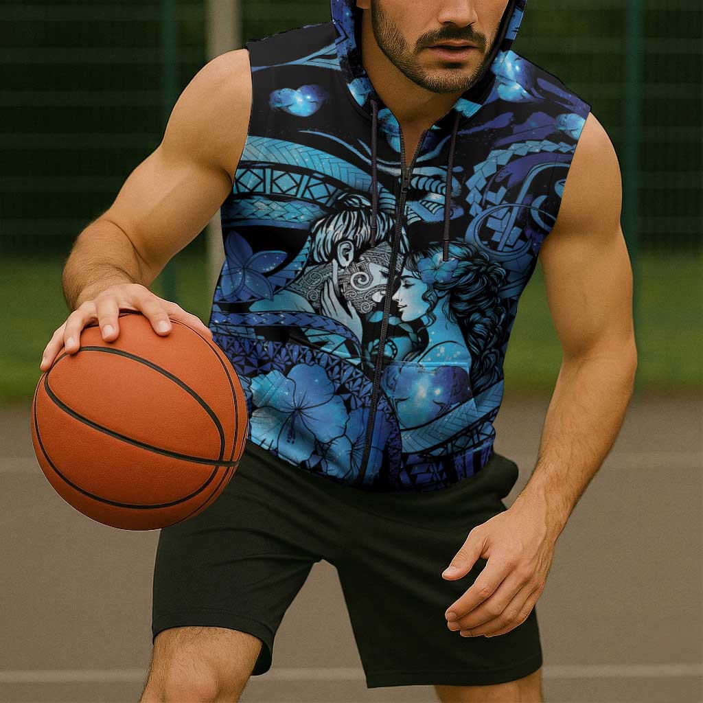 Personalised Maori Romantic Valentine Sleeveless Zip Hoodie The Hongi Kiss Blue Galaxy DT05 - Polynesian Pride