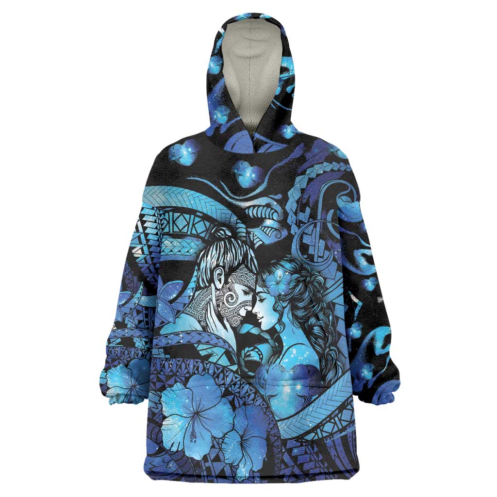 Personalised Maori Romantic Valentine Wearable Blanket Hoodie The Hongi Kiss Blue Galaxy