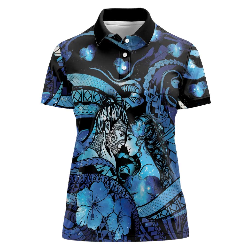 Personalised Maori Romantic Valentine Women Polo Shirt The Hongi Kiss Blue Galaxy