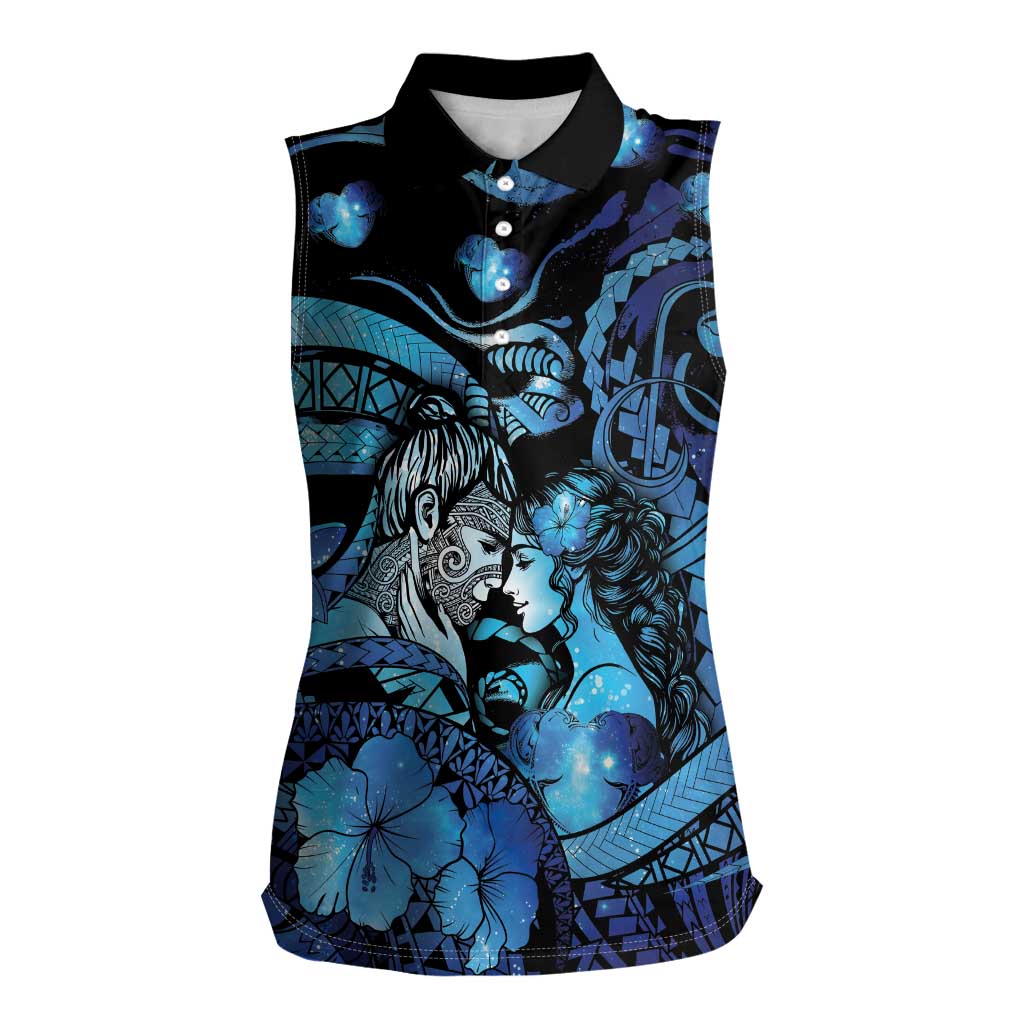 Personalised Maori Romantic Valentine Women Sleeveless Polo Shirt The Hongi Kiss Blue Galaxy