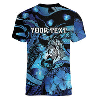 Personalised Maori Romantic Valentine Women V-Neck T-Shirt The Hongi Kiss Blue Galaxy DT05 - Polynesian Pride