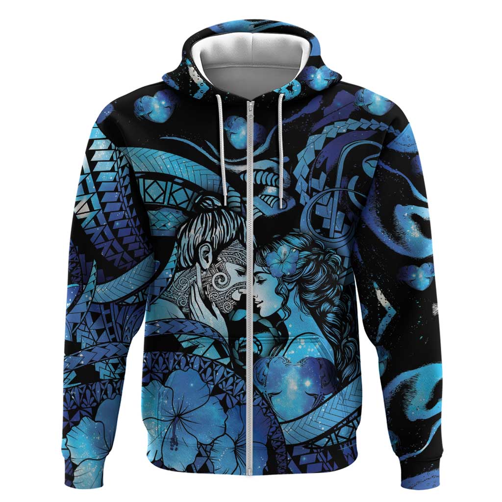 Personalised Maori Romantic Valentine Zip Hoodie The Hongi Kiss Blue Galaxy DT05 Zip Hoodie Blue - Polynesian Pride