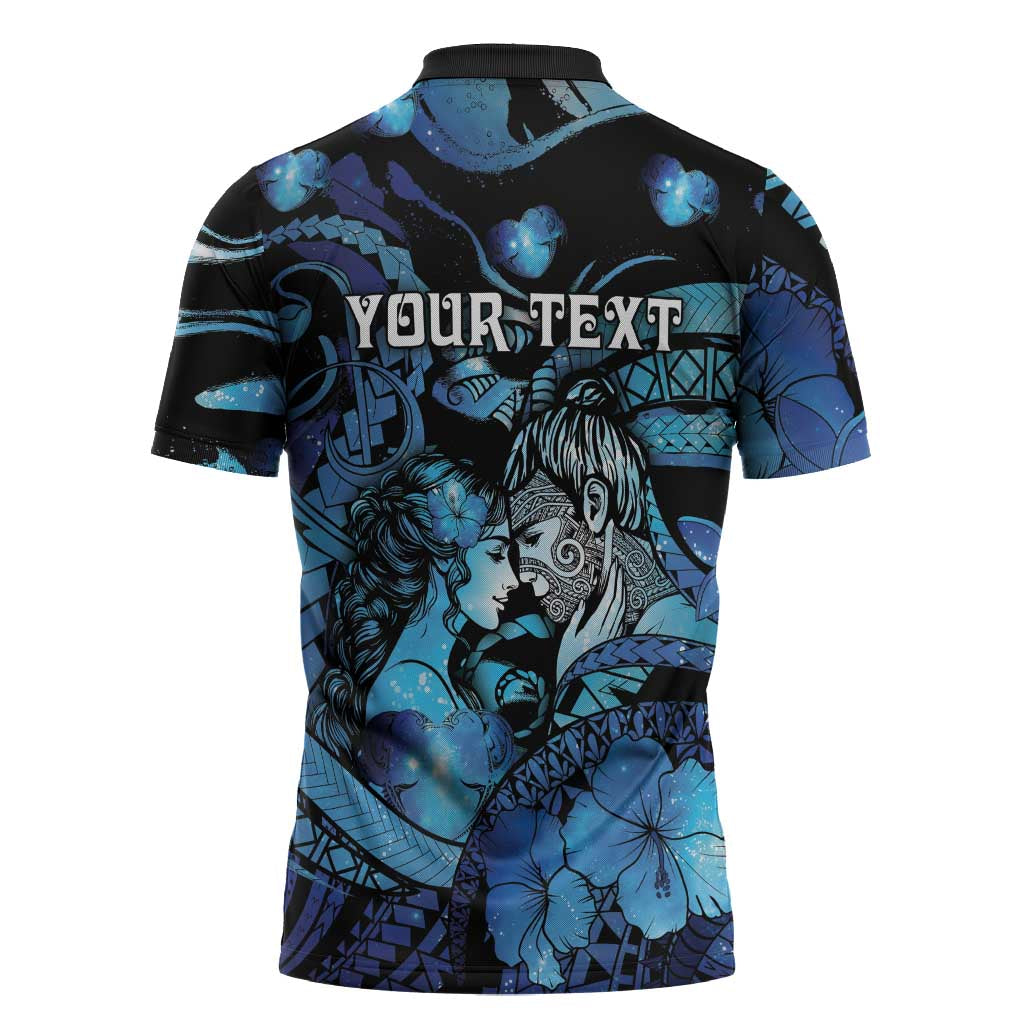 Personalised Maori Romantic Valentine Zipper Polo Shirt The Hongi Kiss Blue Galaxy