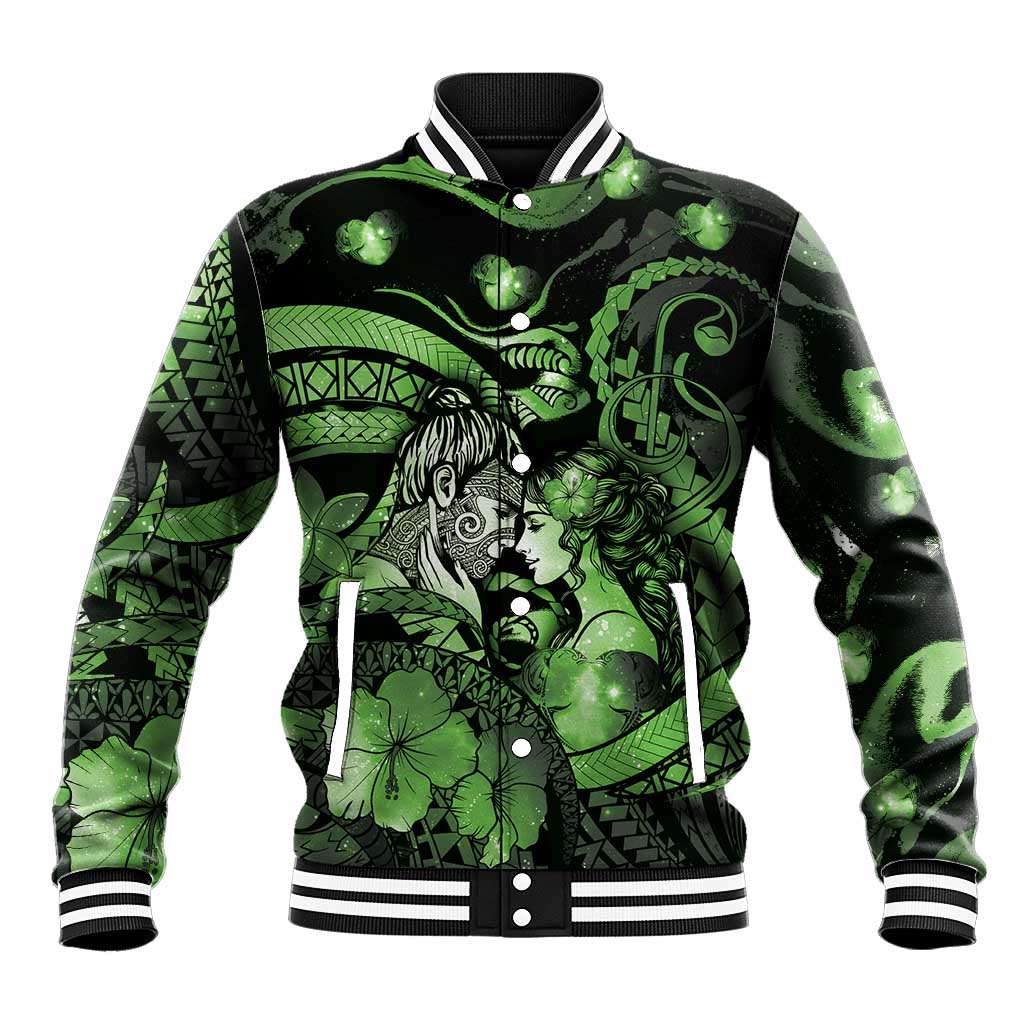 Personalised Maori Romantic Valentine Baseball Jacket The Hongi Kiss Green Galaxy DT05 Unisex Green - Polynesian Pride