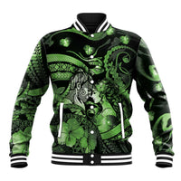 Personalised Maori Romantic Valentine Baseball Jacket The Hongi Kiss Green Galaxy DT05 Unisex Green - Polynesian Pride
