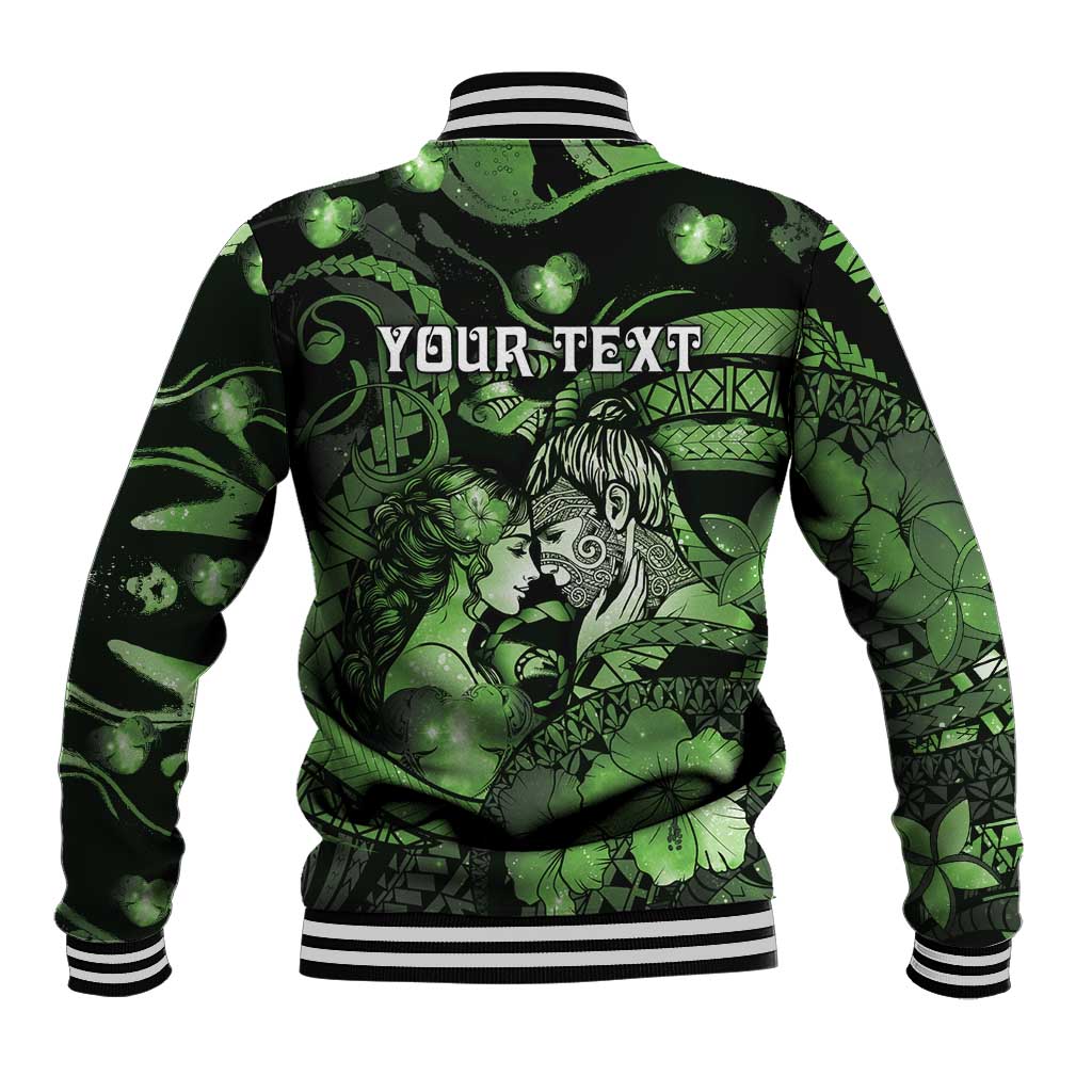 Personalised Maori Romantic Valentine Baseball Jacket The Hongi Kiss Green Galaxy DT05 - Polynesian Pride