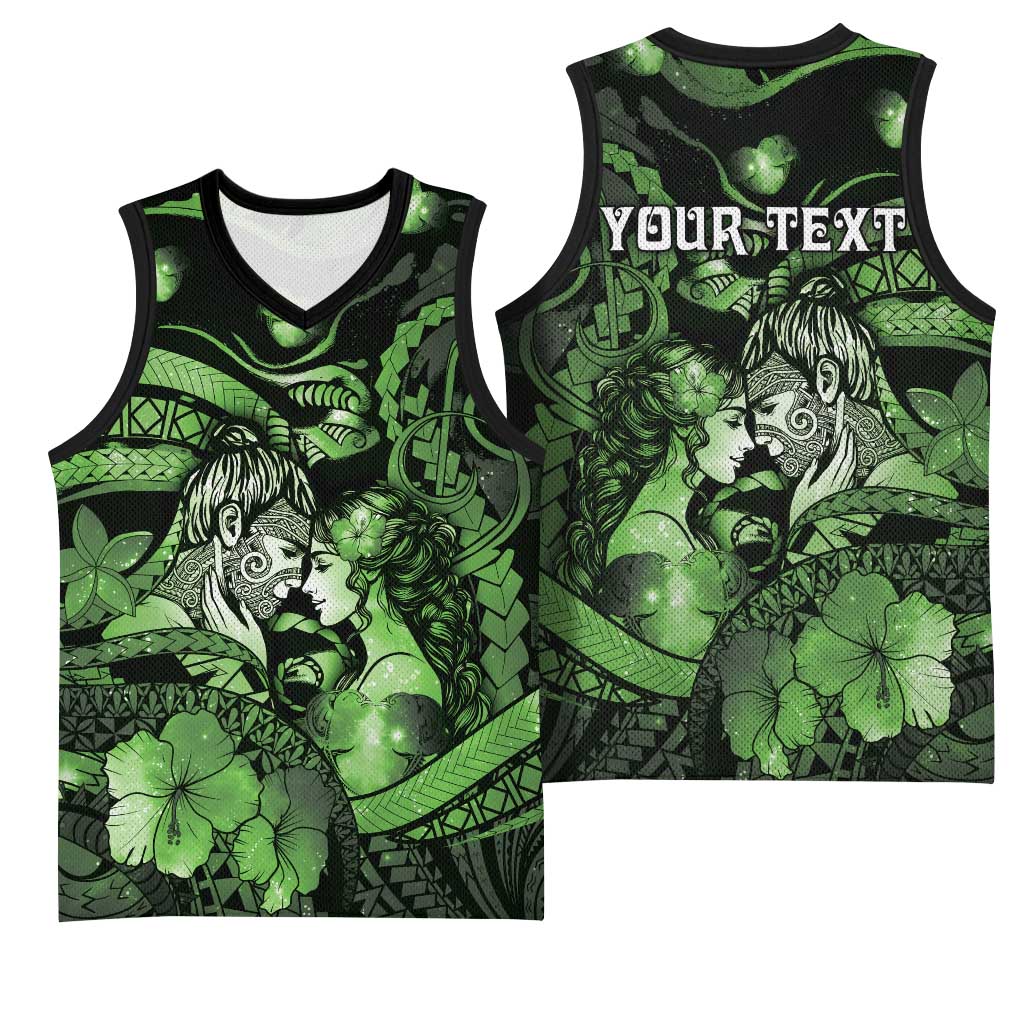 Personalised Maori Romantic Valentine Basketball Jersey The Hongi Kiss Green Galaxy
