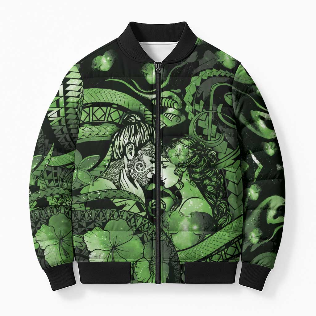 Personalised Maori Romantic Valentine Bomber Puffer Jacket The Hongi Kiss Green Galaxy