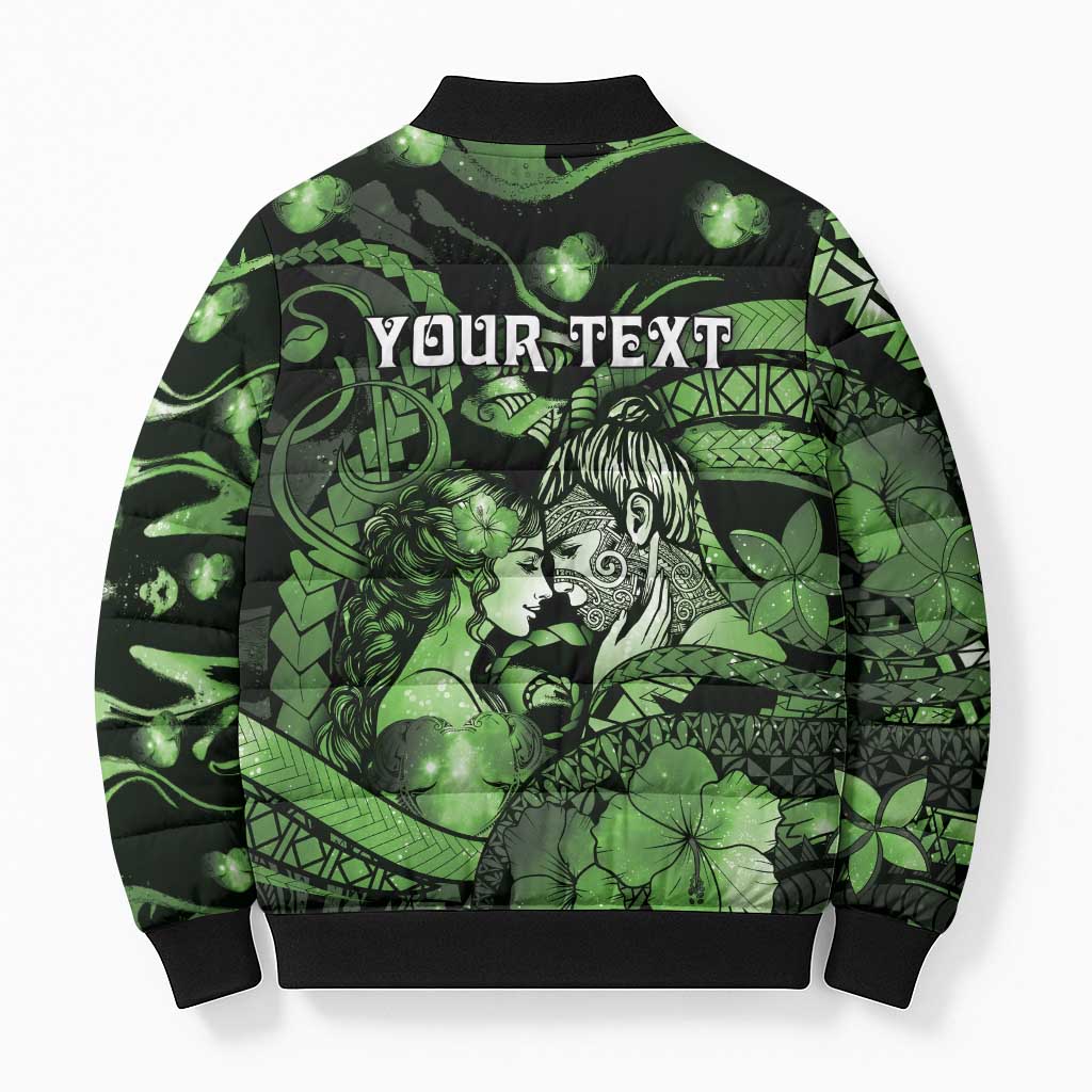 Personalised Maori Romantic Valentine Bomber Puffer Jacket The Hongi Kiss Green Galaxy