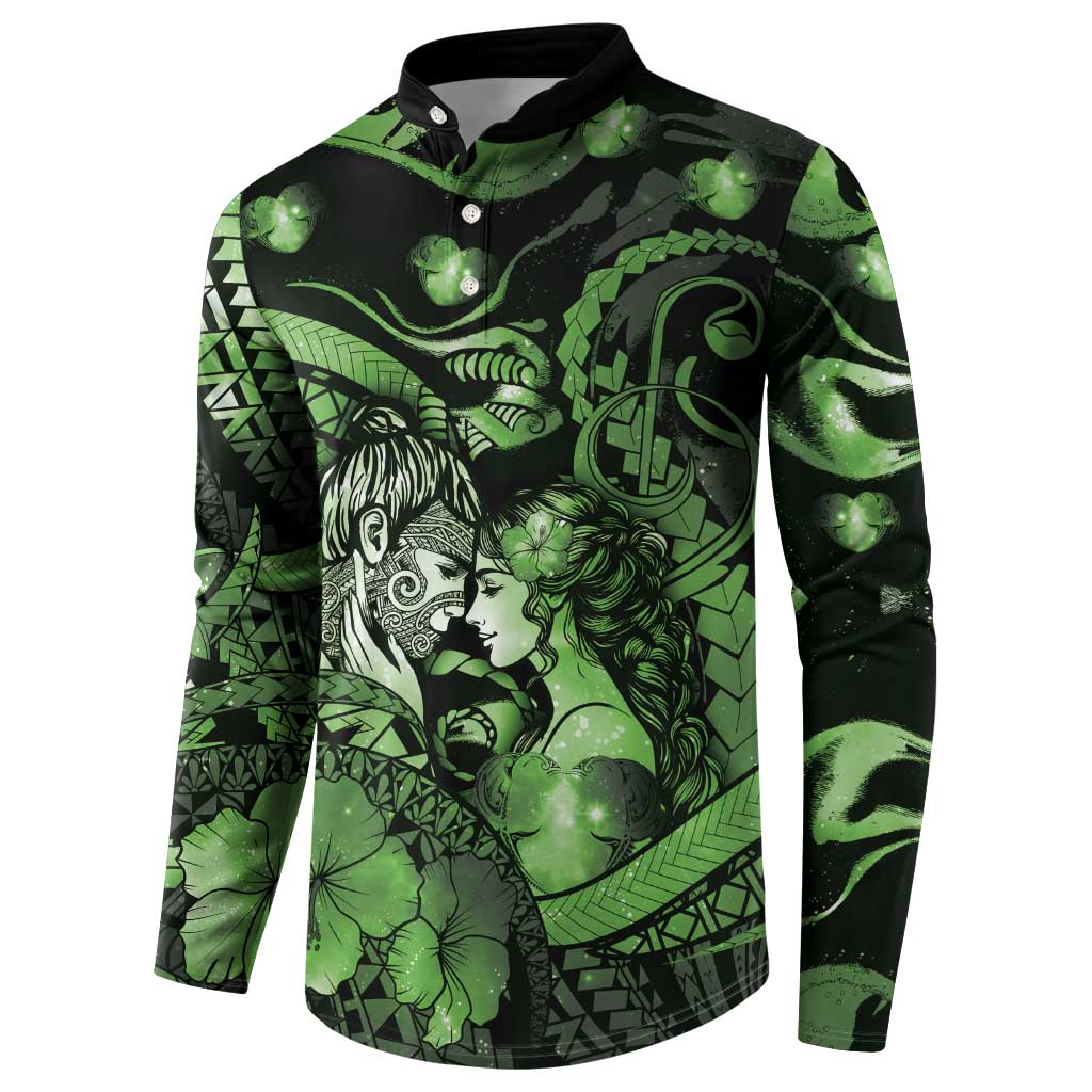 Personalised Maori Romantic Valentine Button Sweatshirt The Hongi Kiss Green Galaxy DT05 - Polynesian Pride