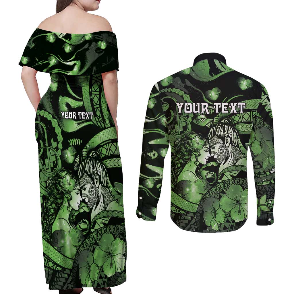 Personalised Maori Romantic Valentine Couples Matching Off Shoulder Maxi Dress and Long Sleeve Button Shirt The Hongi Kiss Green Galaxy