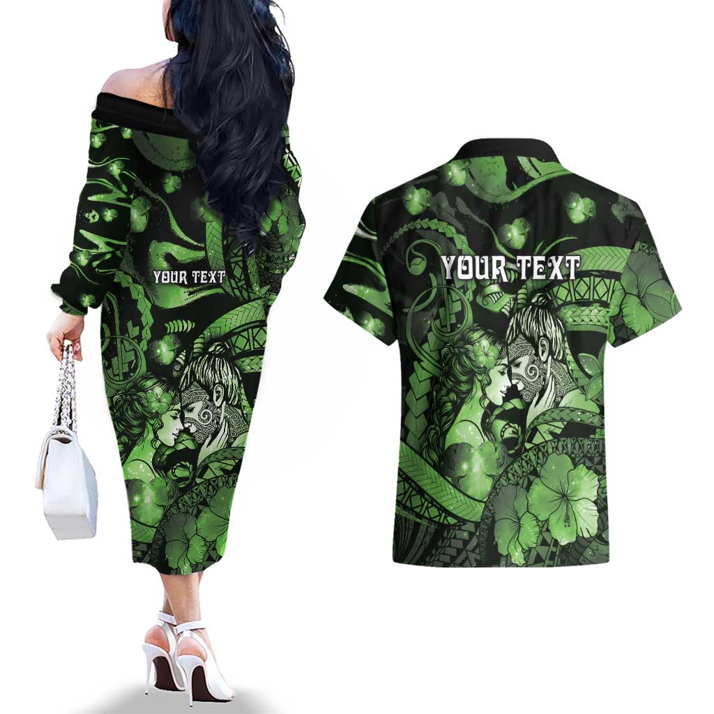 Personalised Maori Romantic Valentine Couples Matching Off The Shoulder Long Sleeve Dress and Hawaiian Shirt The Hongi Kiss Green Galaxy DT05 - Polynesian Pride