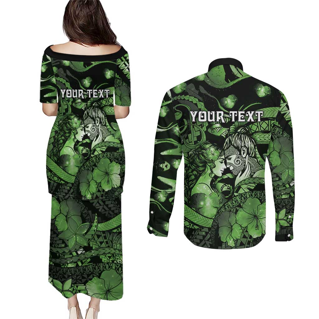 Personalised Maori Romantic Valentine Couples Matching Puletasi and Long Sleeve Button Shirt The Hongi Kiss Green Galaxy DT05 - Polynesian Pride