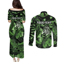 Personalised Maori Romantic Valentine Couples Matching Puletasi and Long Sleeve Button Shirt The Hongi Kiss Green Galaxy DT05 - Polynesian Pride