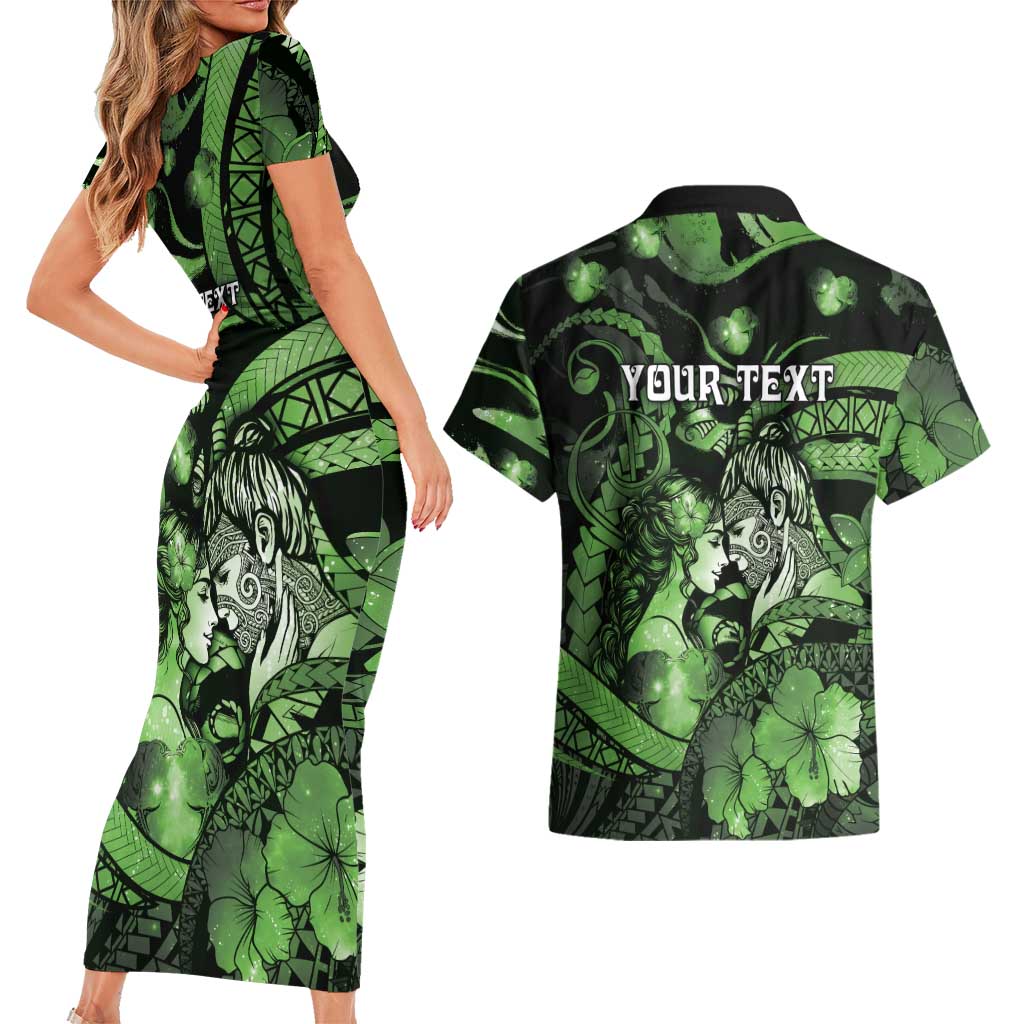 Personalised Maori Romantic Valentine Couples Matching Short Sleeve Bodycon Dress and Hawaiian Shirt The Hongi Kiss Green Galaxy DT05 - Polynesian Pride