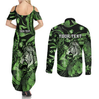 Personalised Maori Romantic Valentine Couples Matching Summer Maxi Dress and Long Sleeve Button Shirt The Hongi Kiss Green Galaxy