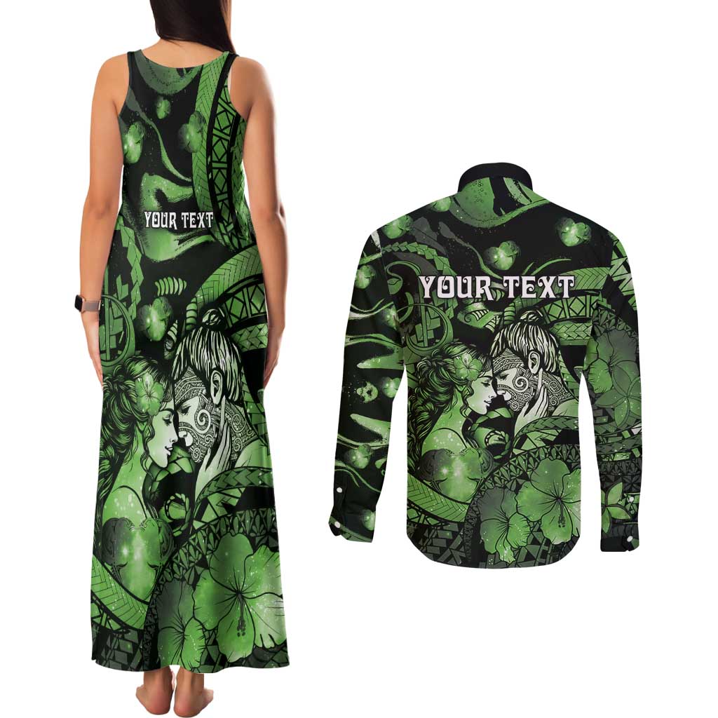 Personalised Maori Romantic Valentine Couples Matching Tank Maxi Dress and Long Sleeve Button Shirt The Hongi Kiss Green Galaxy