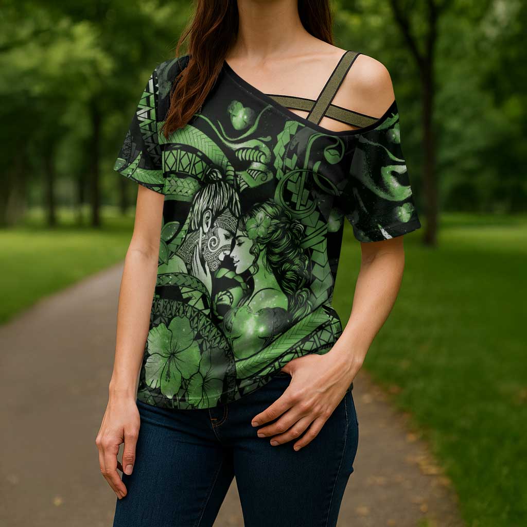 Personalised Maori Romantic Valentine Cross Shoulder Shirt The Hongi Kiss Green Galaxy