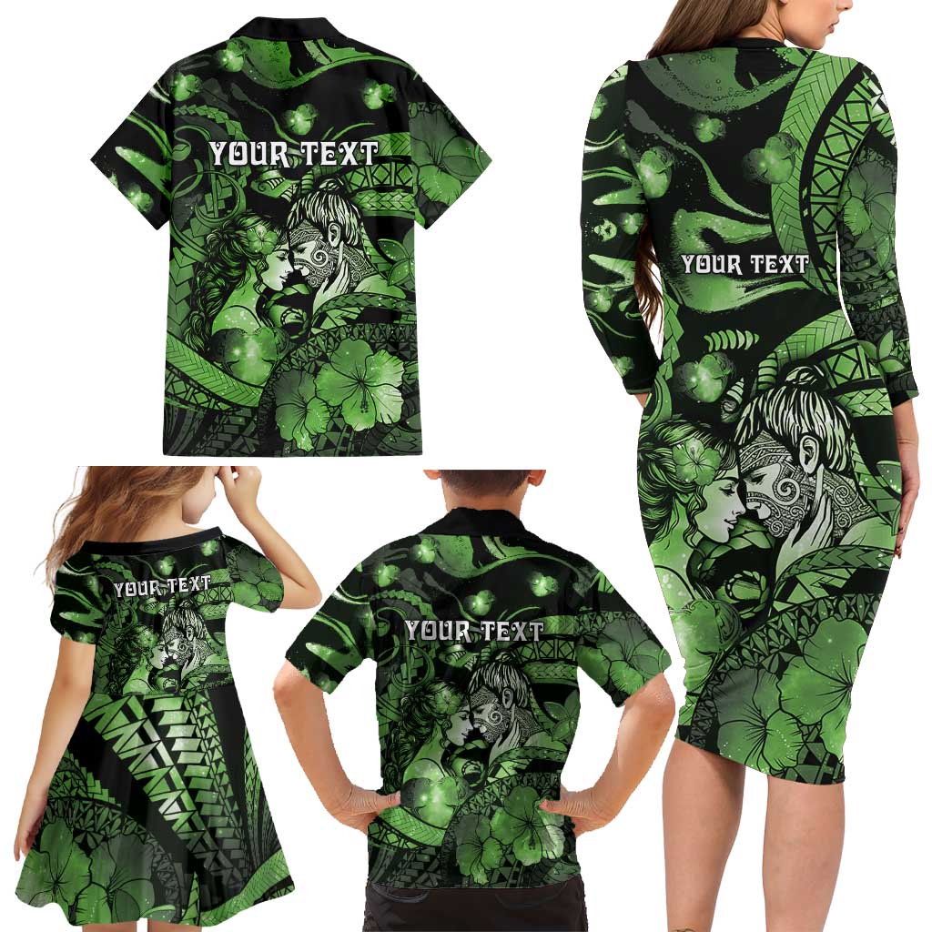 Personalised Maori Romantic Valentine Family Matching Long Sleeve Bodycon Dress and Hawaiian Shirt The Hongi Kiss Green Galaxy DT05 - Polynesian Pride