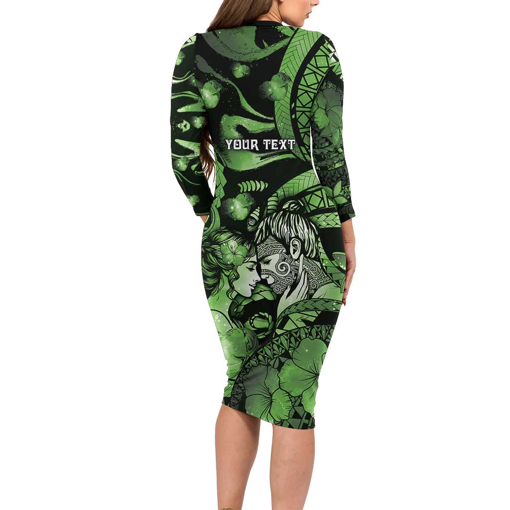 Personalised Maori Romantic Valentine Family Matching Long Sleeve Bodycon Dress and Hawaiian Shirt The Hongi Kiss Green Galaxy DT05 - Polynesian Pride