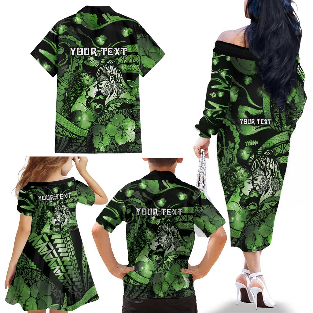 Personalised Maori Romantic Valentine Family Matching Off The Shoulder Long Sleeve Dress and Hawaiian Shirt The Hongi Kiss Green Galaxy DT05 - Polynesian Pride