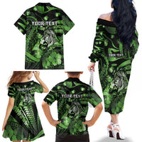 Personalised Maori Romantic Valentine Family Matching Off The Shoulder Long Sleeve Dress and Hawaiian Shirt The Hongi Kiss Green Galaxy DT05 - Polynesian Pride