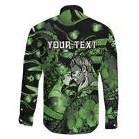 Personalised Maori Romantic Valentine Family Matching Off The Shoulder Long Sleeve Dress and Hawaiian Shirt The Hongi Kiss Green Galaxy DT05 - Polynesian Pride