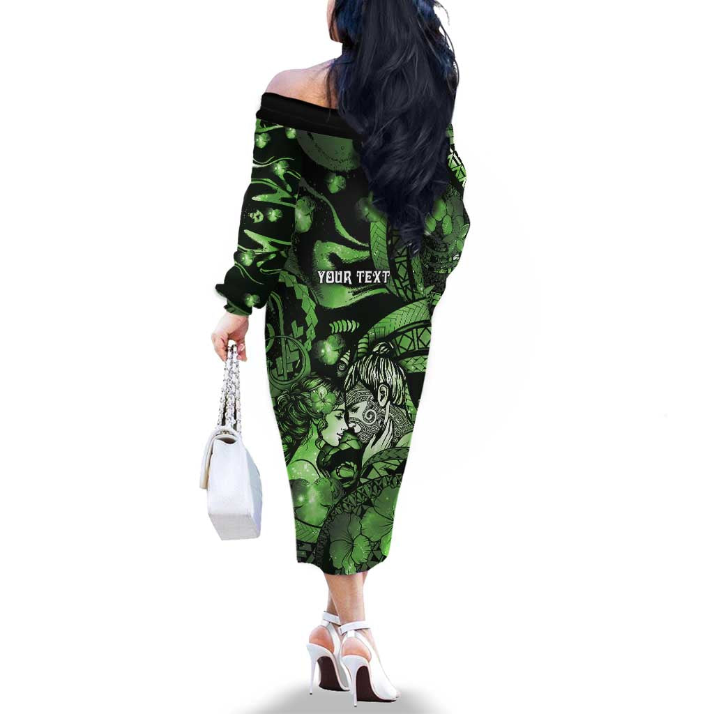 Personalised Maori Romantic Valentine Family Matching Off The Shoulder Long Sleeve Dress and Hawaiian Shirt The Hongi Kiss Green Galaxy DT05 - Polynesian Pride