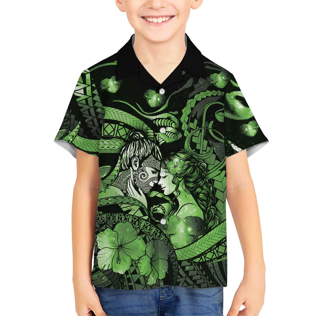 Personalised Maori Romantic Valentine Family Matching Off The Shoulder Long Sleeve Dress and Hawaiian Shirt The Hongi Kiss Green Galaxy DT05 Son's Shirt Green - Polynesian Pride