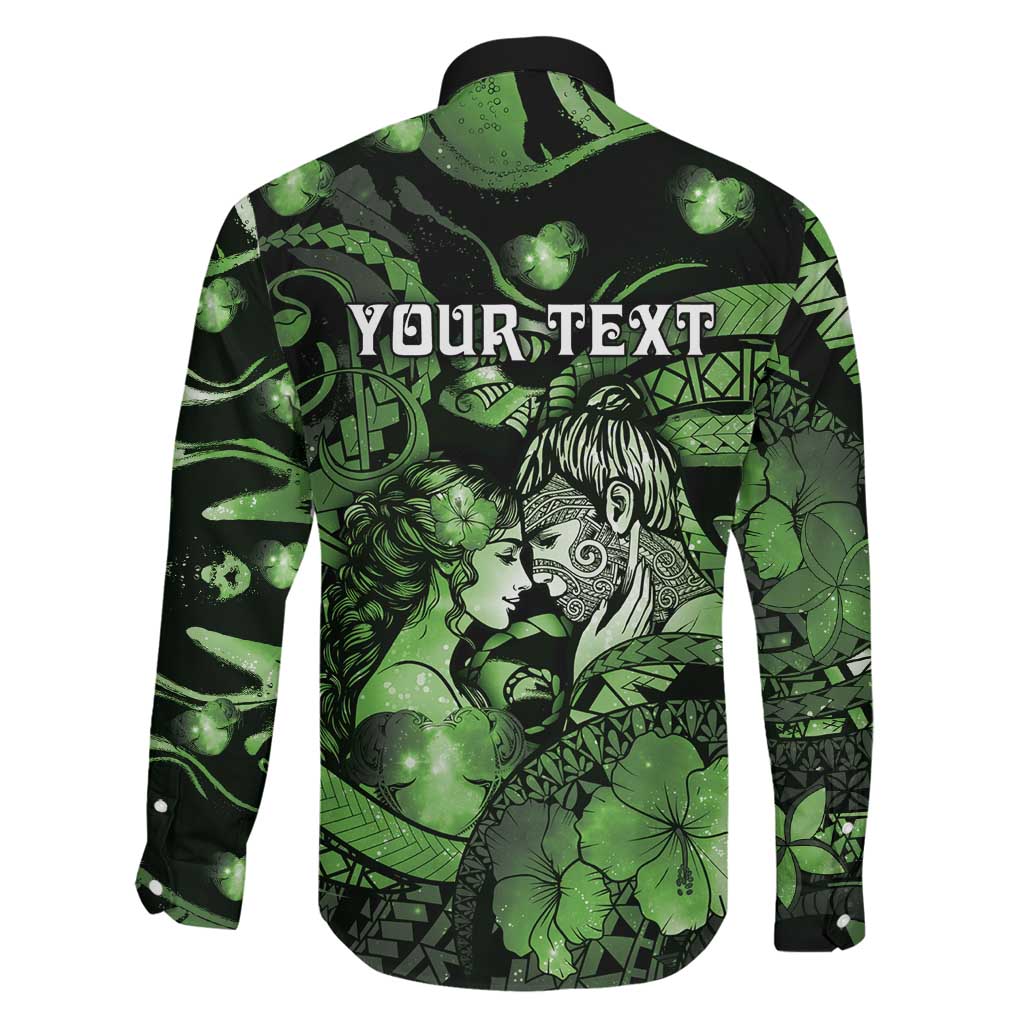 Personalised Maori Romantic Valentine Family Matching Off Shoulder Maxi Dress and Hawaiian Shirt The Hongi Kiss Green Galaxy DT05 - Polynesian Pride